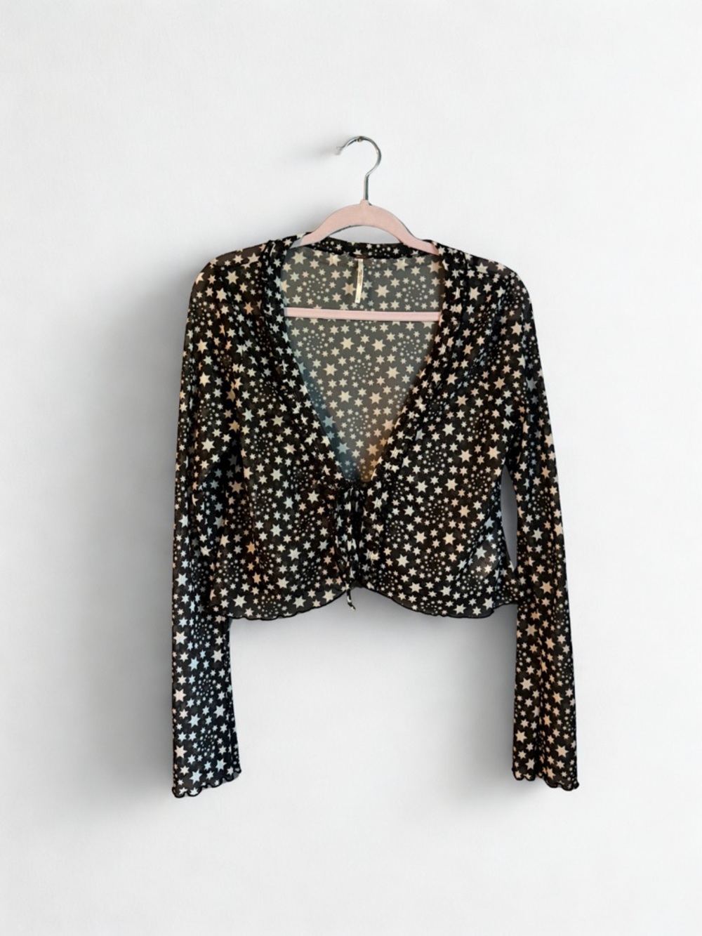 Free People Black Star Print Mesh Tie-Front Top